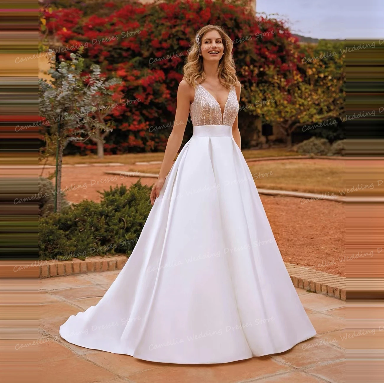 Vestidos de casamento de cetim para mulheres, simples e sexy, vestidos de noiva com gola V, sem encosto, vestido formal sem mangas