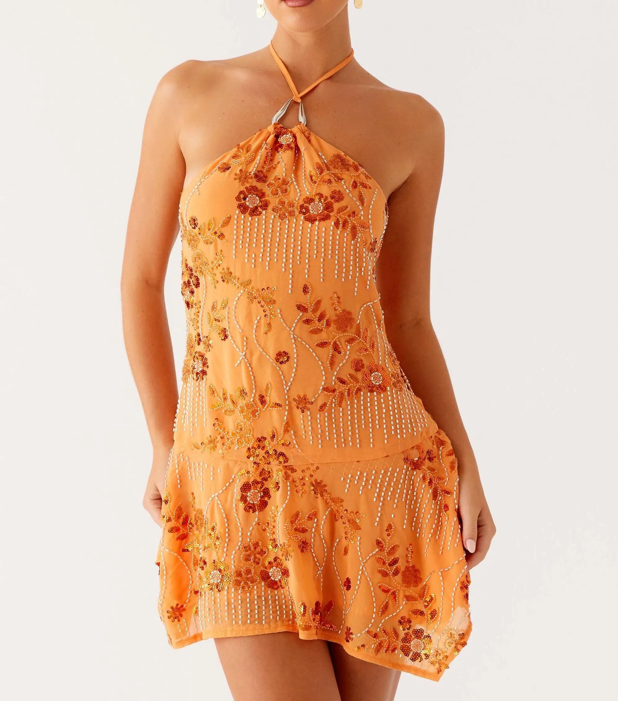 2025 Mini vestido camisola con cuentas de lentejuelas, vestidos cortos sexis sin mangas con escote en V frontal para mujer, vestido con tirantes entrecruzados sin espalda