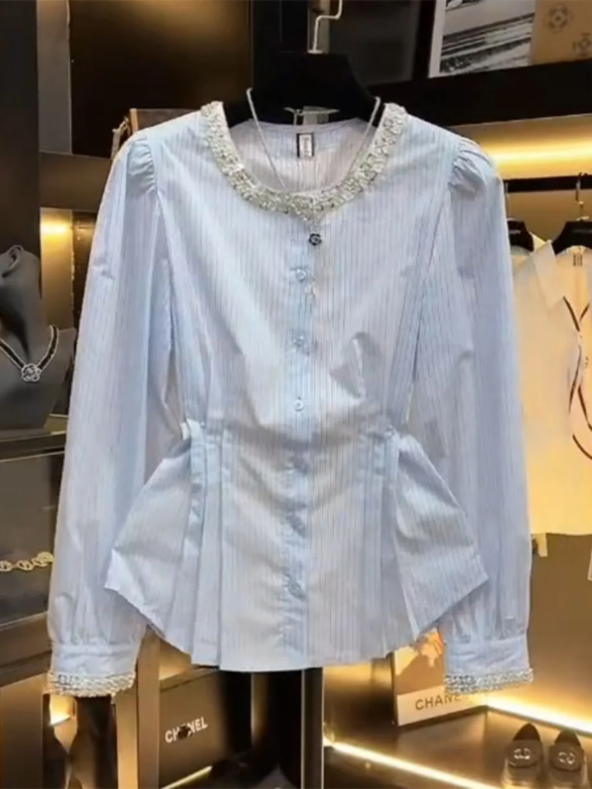 

Fashionable Glitter Stripe Shirt Women's Long Sleeve Spring New Arrival plus Size Korean Style Loose Fit Button up Top