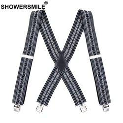 SHOWERSMILE Vintage-Hosenträger, breit, 5 cm, 4 Clips x Rücken-Hosenträger für Hosen, elastisch, grau, geometrisch, für Herren, Hemd-Hosenträger, 120 cm