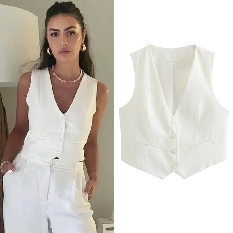 HXAO Cropped Vest Women V-Neck Sleeveless Waistcoat 2024 Fashion White Black Single-Breasted Vest Chic And Elegant Ladies Gilets