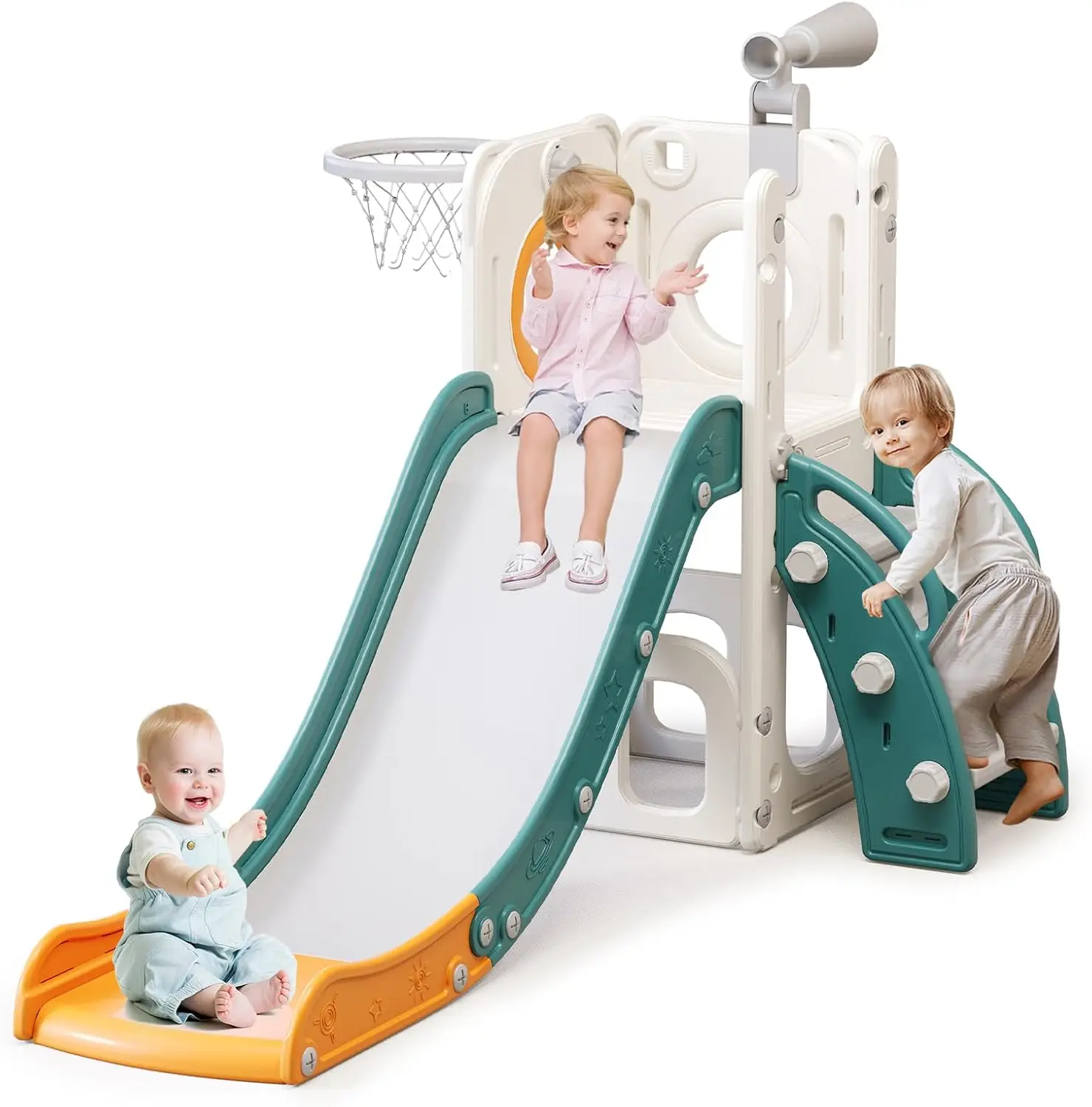 

6 in 1 Toddler Slide for Toddlers Age 1-3, Extra-Long Slide with Basketball Hoop Indoor and Outdoor Baby Climber Playset Playgro