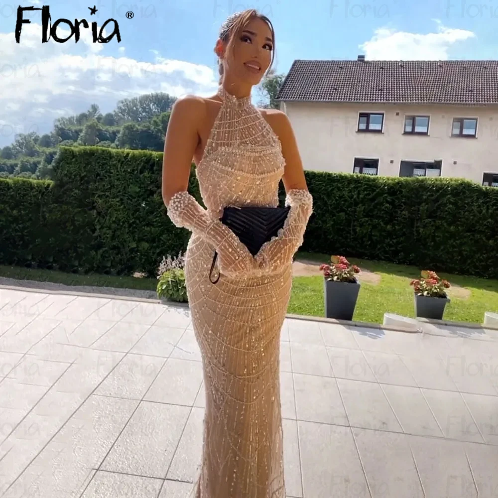 Elegant Light Champagne Party Dress Dubai WOmen 2023 Luxury Wedding Night Gowns Full Beaded Mermaid Evening Prom Gowns African