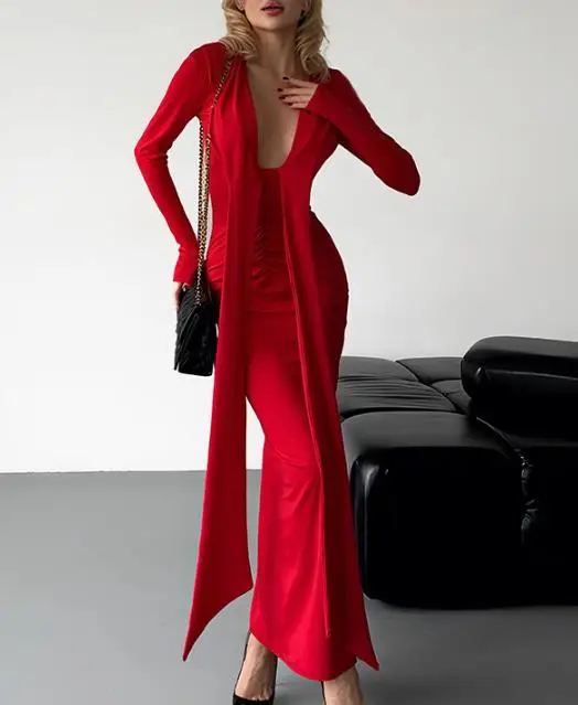 

Women's Dress 2026 Spring New Product Fashion Sexy Elegant British Style Solid Color Lace Up Deep V-Neck Hip Hugging Long Dress
