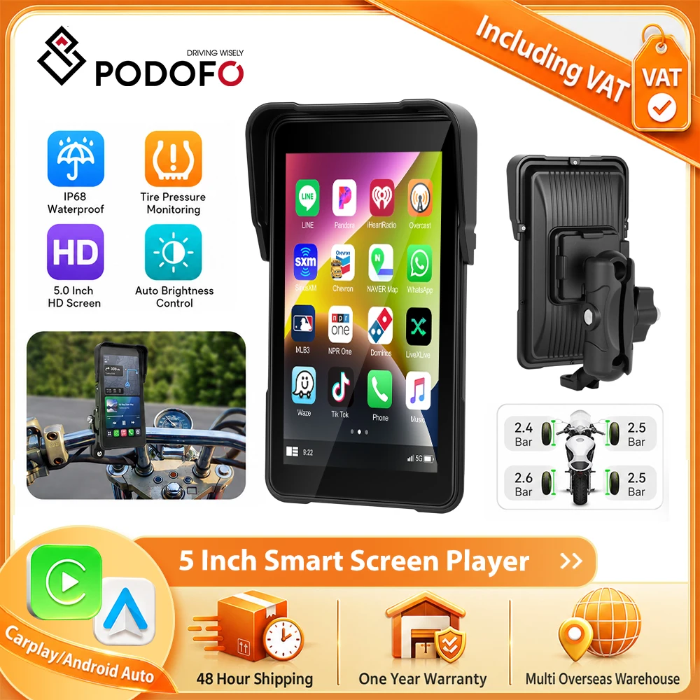 Podofo Moniteur de moto sans fil 5 pouces compatible Carplay et Android Auto, étanche IP68, lecteur intelligent portable, prend en charge la surveillance de la pression des pneus (accessoire vendu séparément), lecteur pour moto