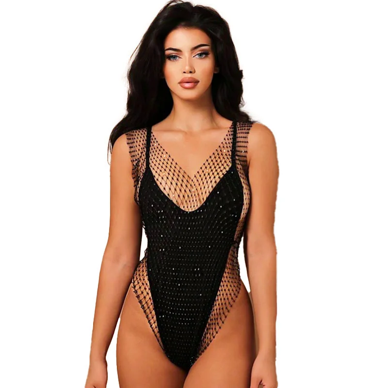 AKYZO Women\'s Sleeveless V-Neck Fishnet Jumpsuits Sexy Mesh See-through Bodysuits Glitter Rhinestone Beach Party Onesies Y2K Sum