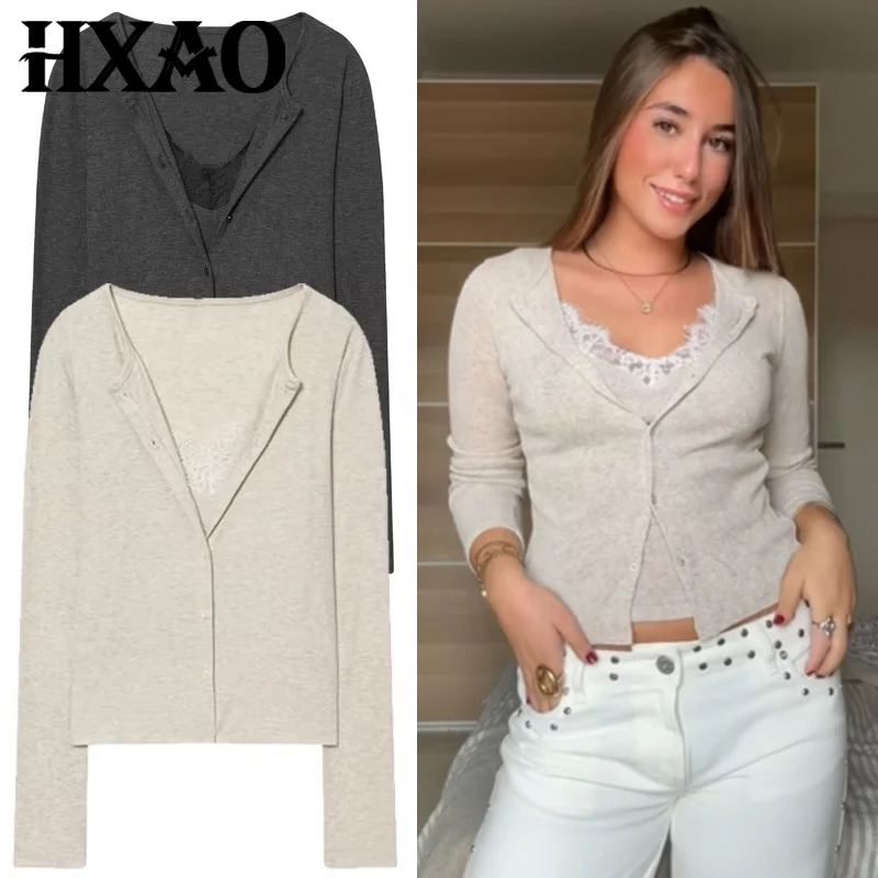 HXAO المحاصيل سترة متماسكة للنساء الخريف الربيع شيك الدانتيل طويلة الأكمام تريكو رمادي داكن البيج البلوزات الكورية شعبية بالأزرار