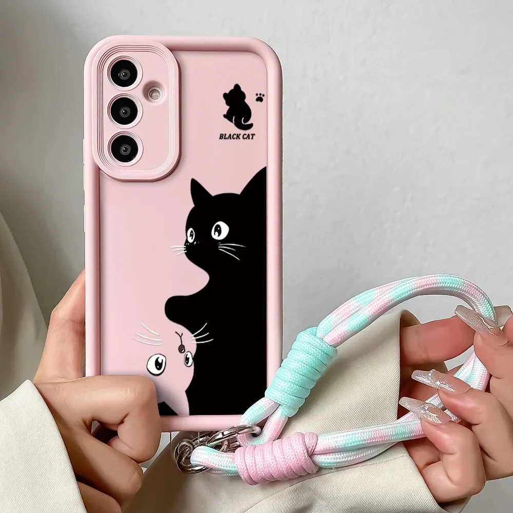 Wrist Chain Lanyard Phone Case for Samsung A54 34 24 14 55 35 25 73 53 33 23 51 31 72 52 32 22 13 12 Funny Cat Strap Cover