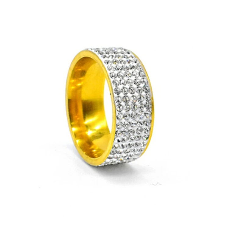 8mm Wide Five Rows Hip Hop Ring Full Rhinestone Shiny Rings Stainless Steel Gold Silver Color Ring for Women Men Jewelry