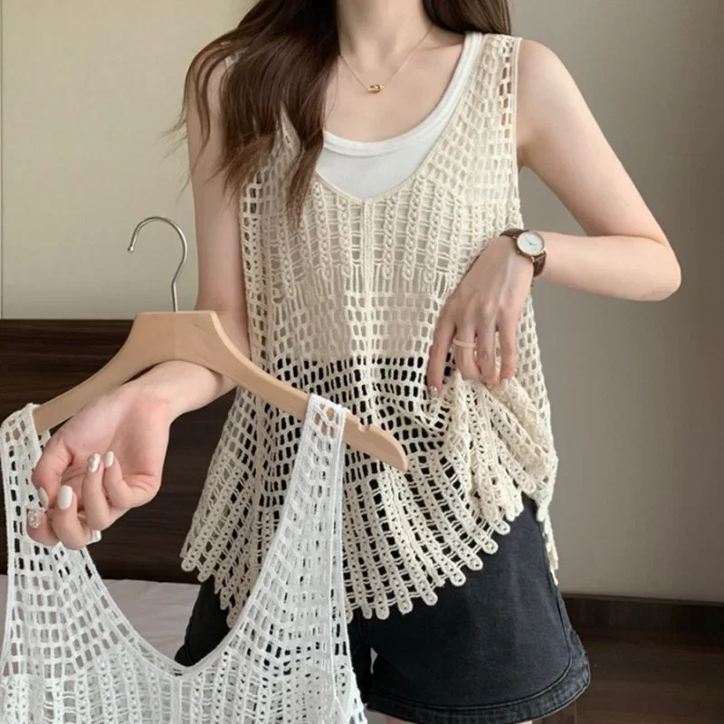 Crocheted Hollow Knitted Vest Vest Women's Autumn Outerwear New Korean Style Retro Loose Sleeveless Camisole Top Blouse