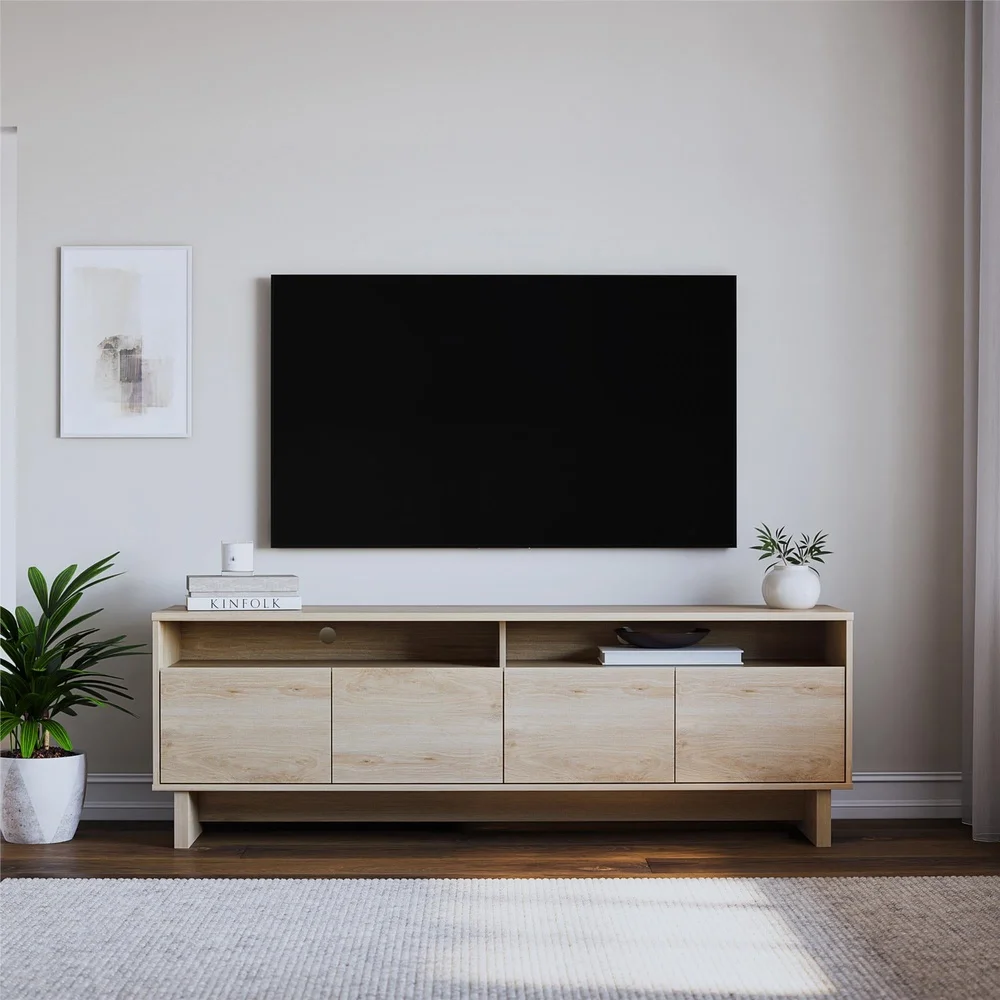 모던 미니멀리스트 4도어 TV 스탠드 콘솔 (최대 75인치 TV 수납 가능, 수납 선반 및 케이블 정리 기능 포함) 이상적인 거실용