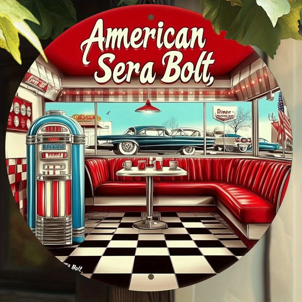 2D Flat  Vintage-Style Round Metal Sign Featuring a Red Sofa Theme, Designed for Retro Diner Wall