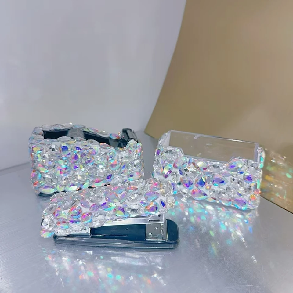 

Large Rhinestones Office Supplies Set - Business Card Holder Stapler Tape Dispenser for Desktop Decorations for Women