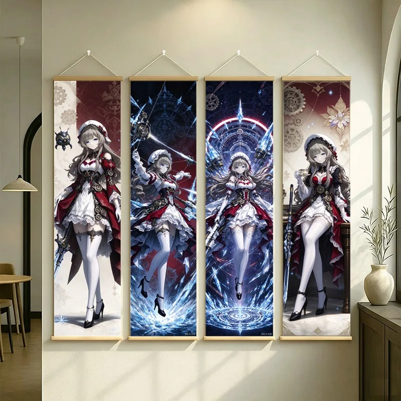 Hanging Scroll Wall Art of Genshin Impact Sandrone with Blue Glow and Maid Attire on Silver Shimmer Canvas for an Anime Bedroom