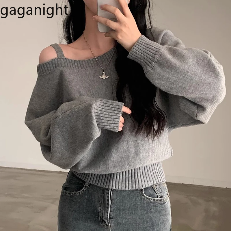 

Gaganight Women Korean Chic Slanted Neck Soft Solid Color Sweater 2024 New Long Sleeved Off Shoulder Suspender Knitted Sweater