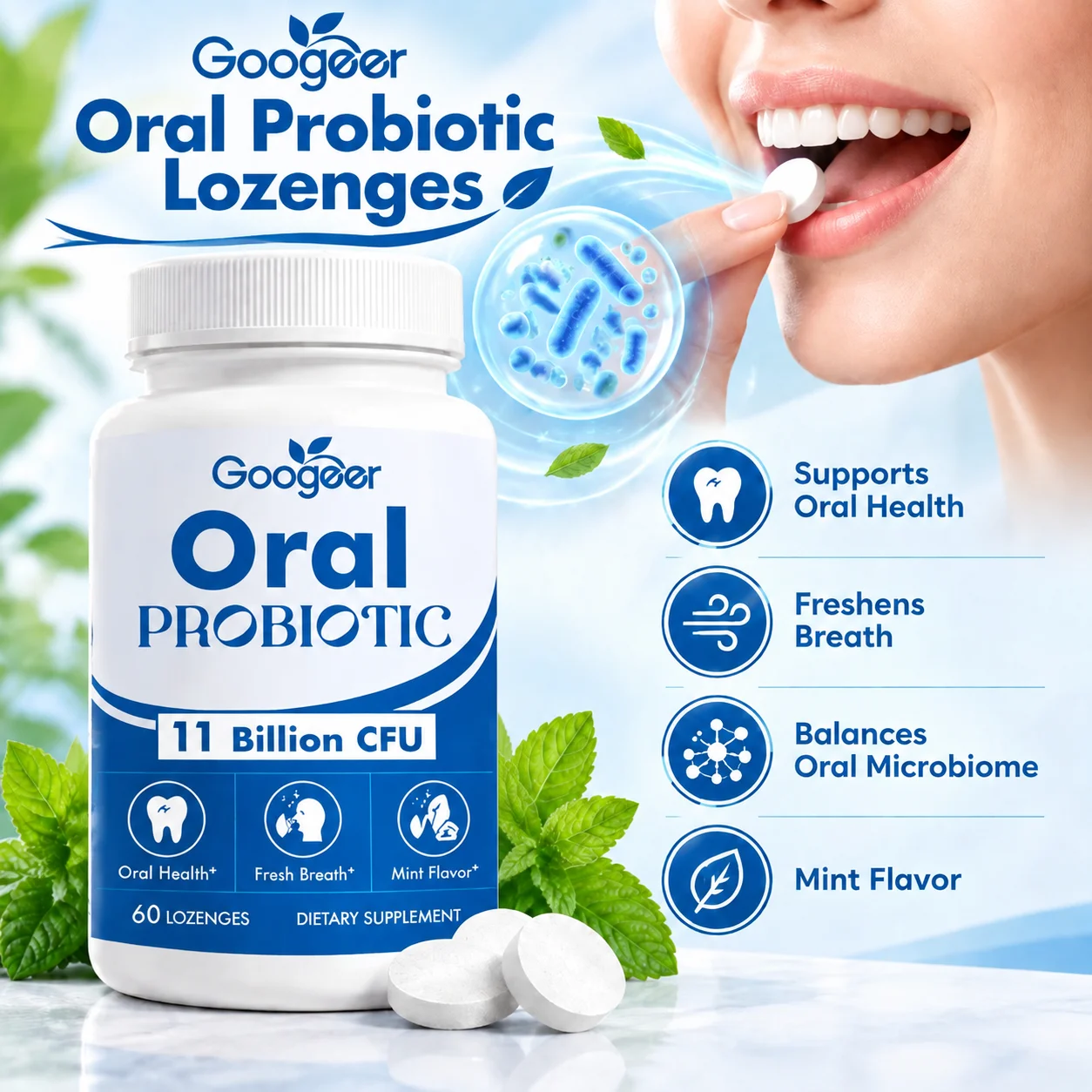 Oral Probiotic Lozenges, Fresh Breath,Oral Microbiome Balance,11 Billion CFU & 7 Probiotic Strains,Mint Flavor, 60 Lozenges