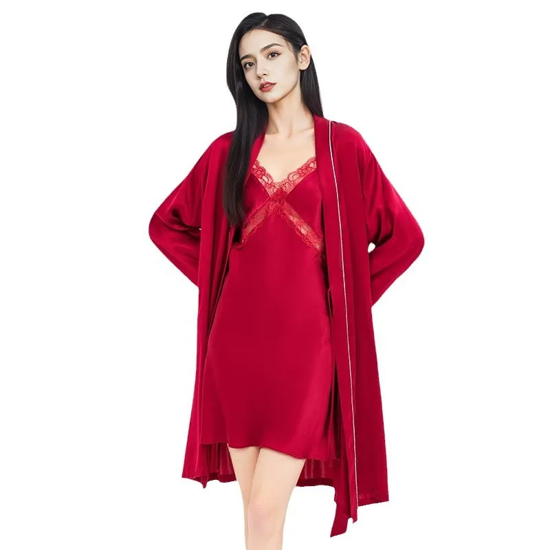 Camisón de seda auténtica de alta calidad para mujer, pijama rojo para boda, año de nacimiento, camisón con tirantes, ropa para el hogar, vestidos de mañana