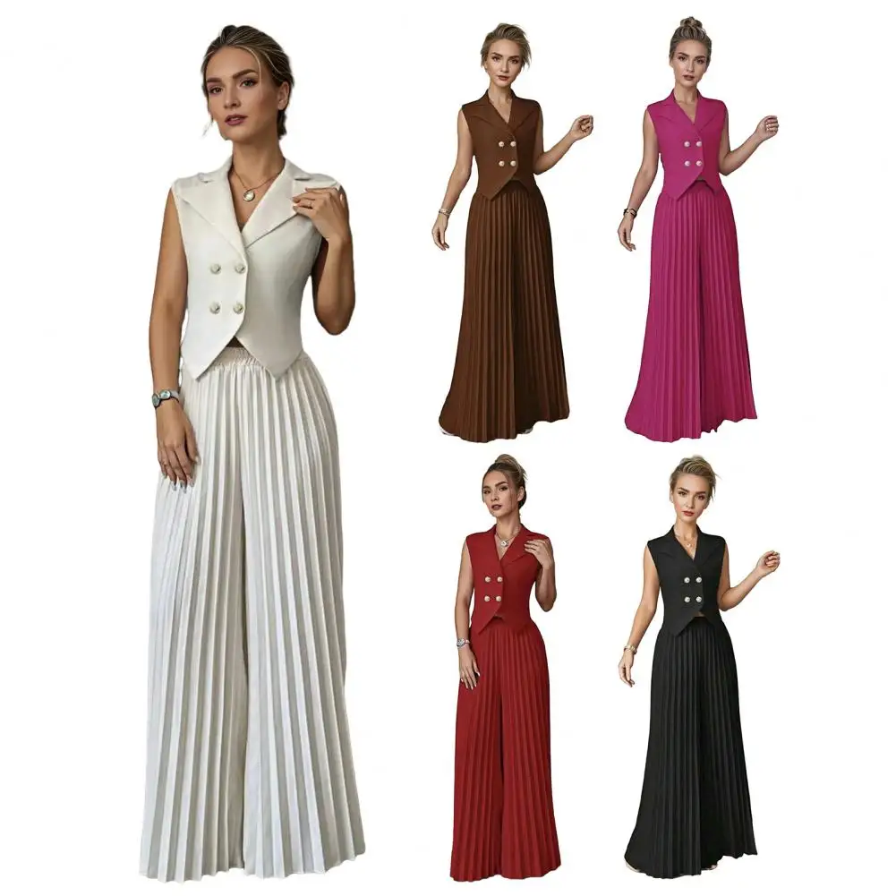 

Summer Solid Casual Holiday Two Piece Sets Elegant Women Pleated Irregular O Neck Sleeveless Top + Wide-leg Pants Loose Outfits