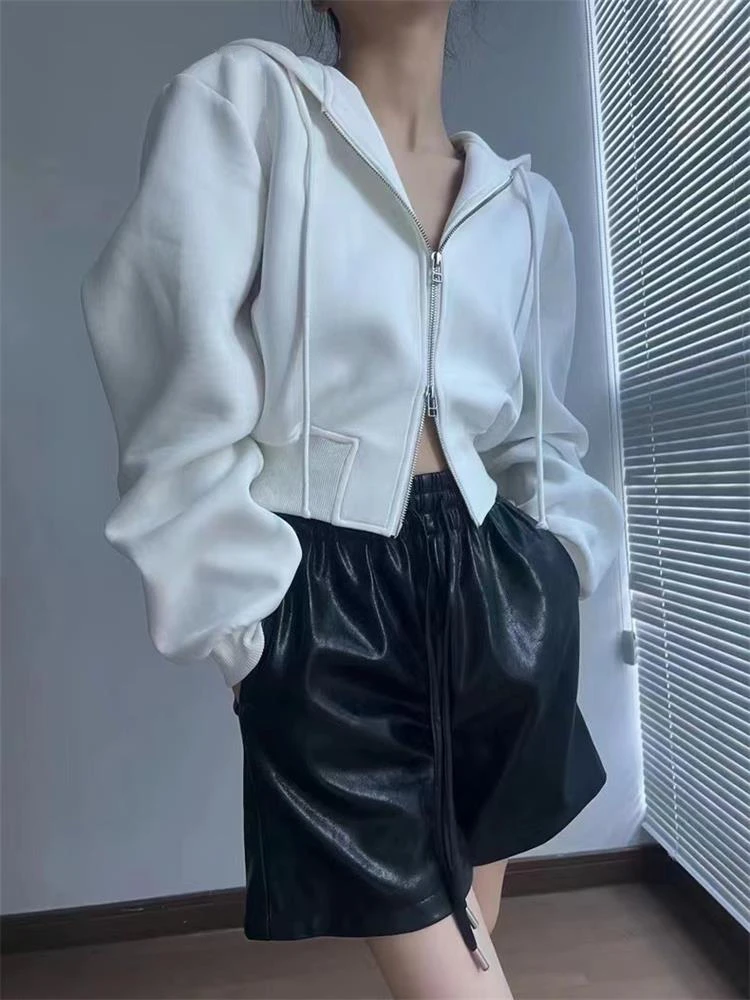 Casual Short Hooded Sweatshirt Women Zip Up Hoodies Mujer Solid Harajuku Long Sleeve Slim fit Crop Top Female Jackets Coat — zdjęcie 6
