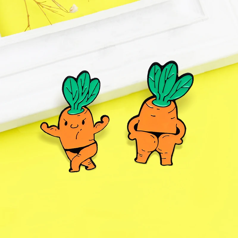 Cute Orange Carrot Master Brooches Bodybuilding Carrot Man Bikini Radish Enamel Pins Badge Brooch For Women Wholesale Jewelry