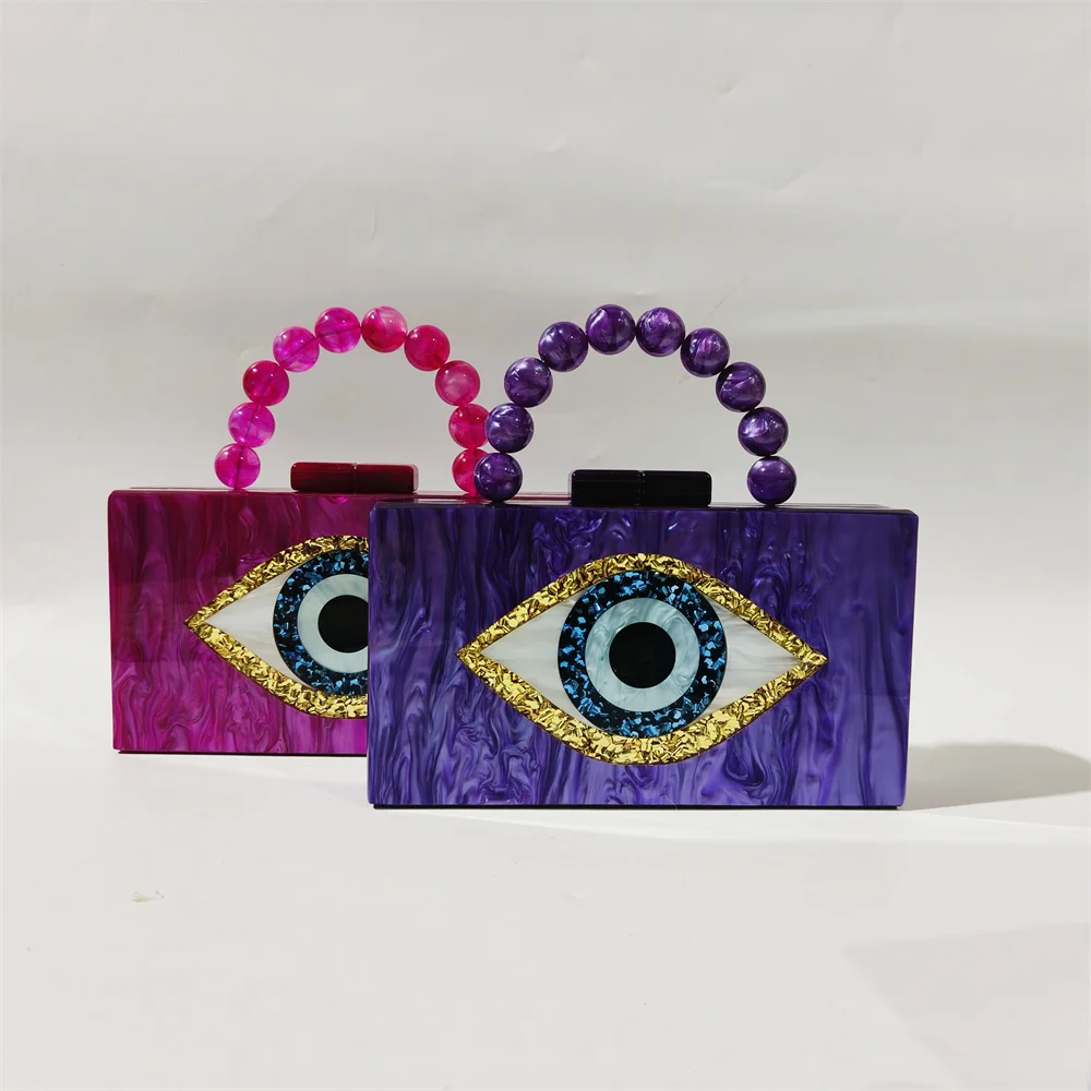 Marble Pearl Blue Acrylic Beaded Handle Women Box Clutches Handbag And Purse Brand Evil Eye Cartoon Small Female Wallet New Bags