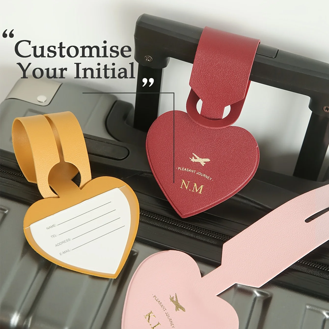

Personalized Heart-Shaped Luggage Tag Leather Suitcase Identifier with Privacy Address Card Custom Initial Travel Gift for Lover