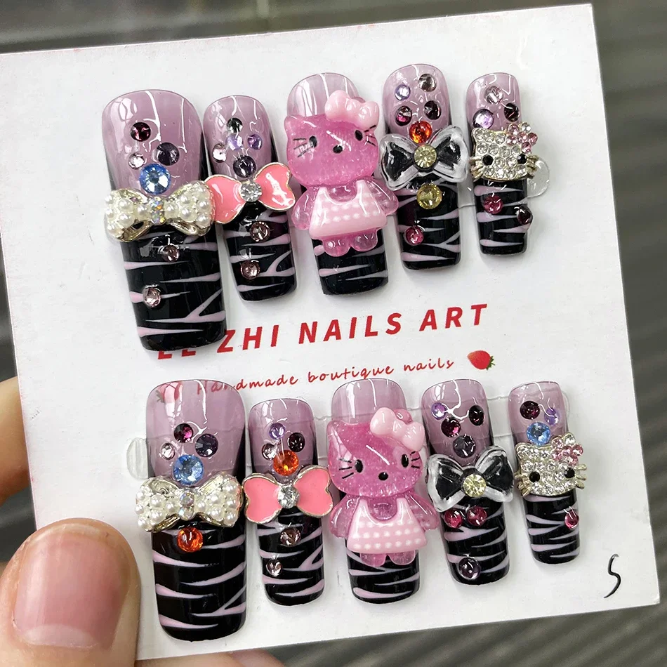 

Sales Promotion Handmade Press On Nail Art Hellokitty Cartoon Cute Full Coverage Duckbill Almond Rectangular Fake Nails