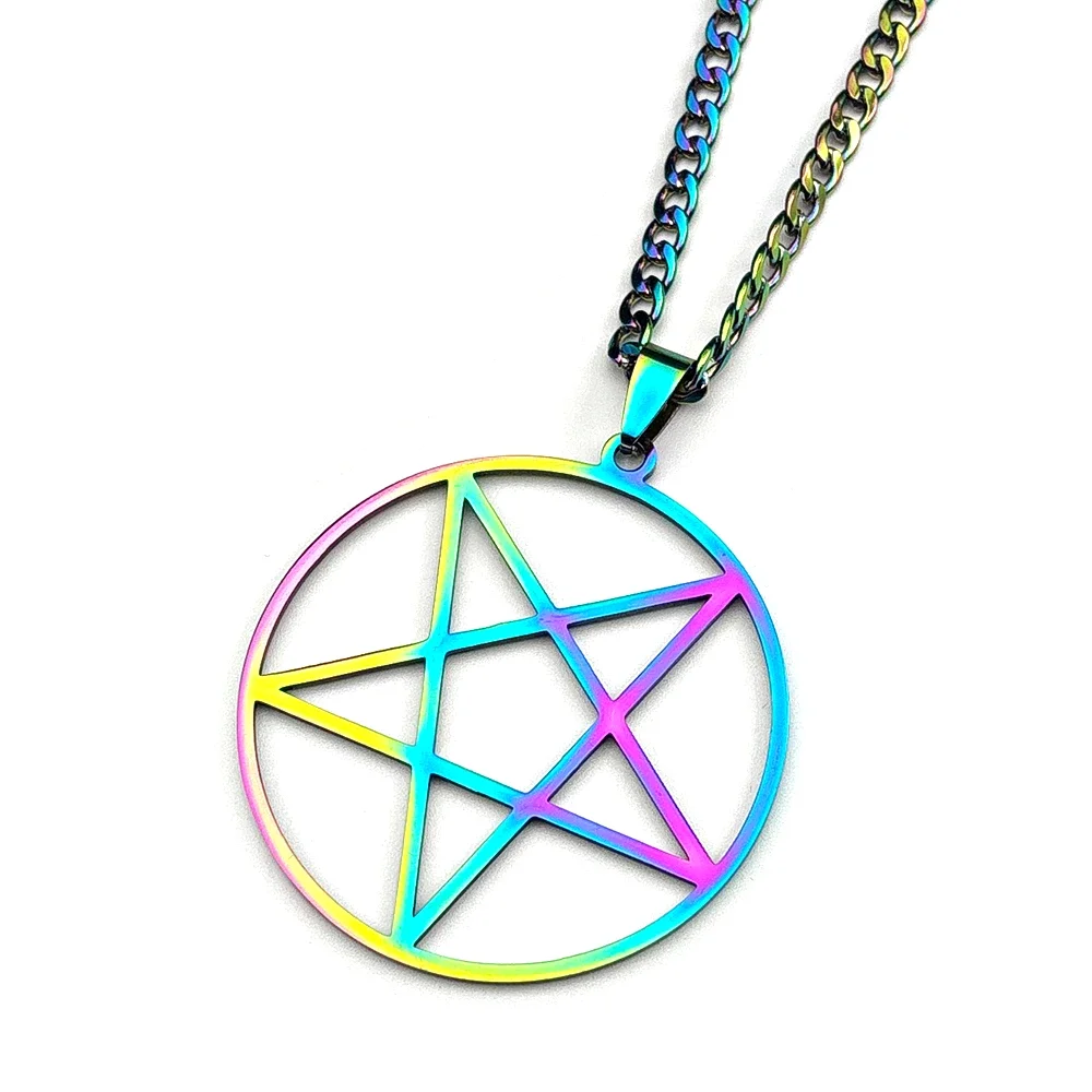 Retro Hexerei Pentagramm Anhänger Halskette für Damen und Herren, Edelstahl Regenbogenfarben Glücksbringer Punk Männerkette Schmuck Geschenk – Detail 4