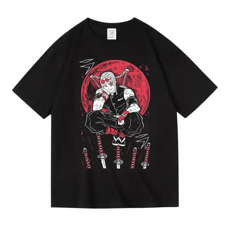 

2025 New Anime T-shirt Set Short Sleeve Tops with Blind Swordsman Print and Red Moon Design Casual Streetwear Spring Summer