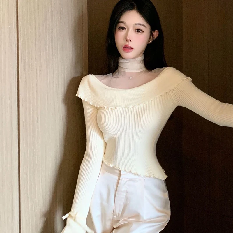 Chicไม่สม่ําเสมอถักPulloversผู้หญิงHottieตาข่ายPatchwork Bottomingเสื้อแฟชั่นฤดูใบไม้ร่วงSlim Fit Elegantหญิงเสื้อ