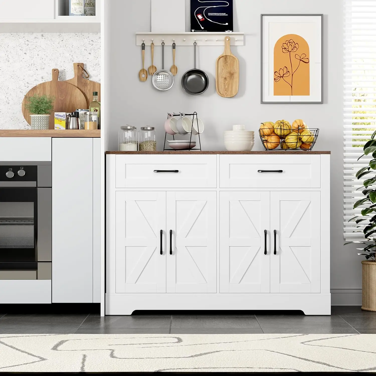 47.2' Farmhouse Buffet Cabinet with Drawers & Shelves, Rustic White Kitchen Sideboard for Living Room, Entryway