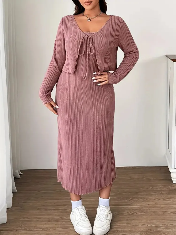 L-4XL حجم كبير الملابس فساتين النساء الجلباب 2 قطعة مجموعات ربيع الخريف الشارع عادية 3XL حجم كبير مكتب سيدة فستان كبير الحجم #4