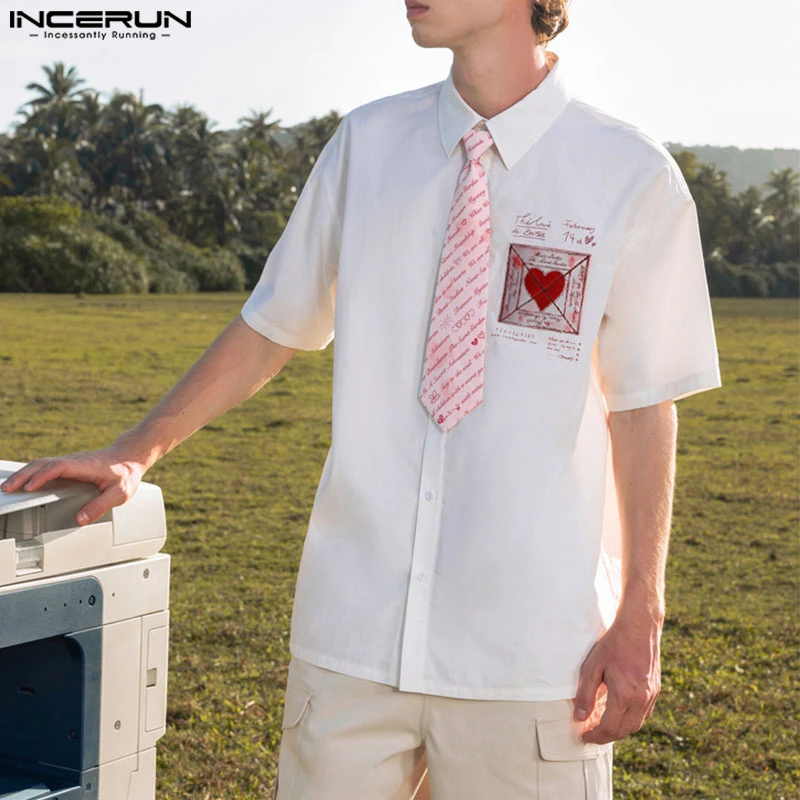 INCERUN Men Shirt Printing Color-block Lapel Short Sleeve Loose Men Clothing Streetwear 2025 Korean Style Fashion Casual Shirts