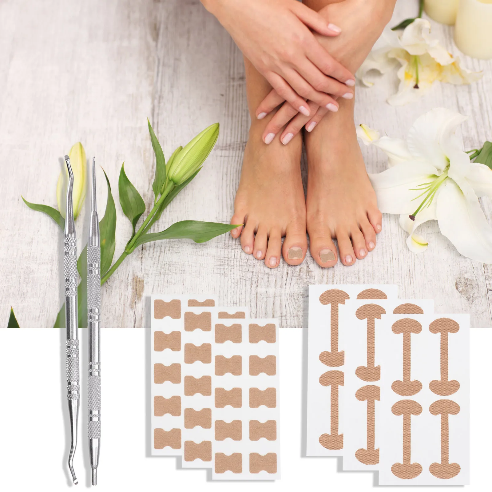 1 Set Zehennagel-Korrektur-Patch-Set aus Edelstahl für eingewachsene Nägel mit gebogenem Löffel, Zehennagelaufkleber aus Baumwolle für die Fußpflege