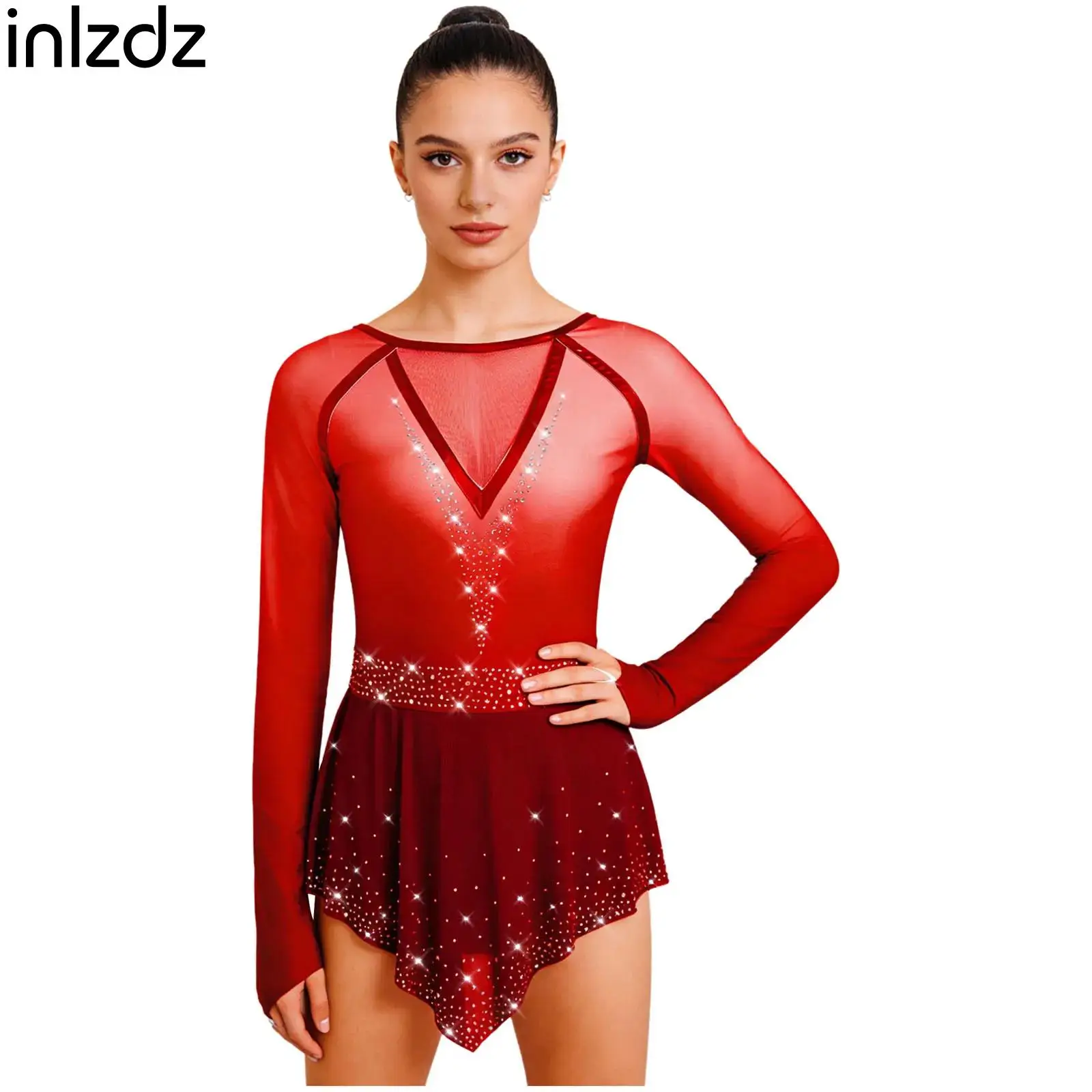 

Rhythmic Gymnastics Figure Skating Costume for Womens Long Sleeve Rhinestones Mesh Ballet Lyrical Modern Dance Performance Dress
