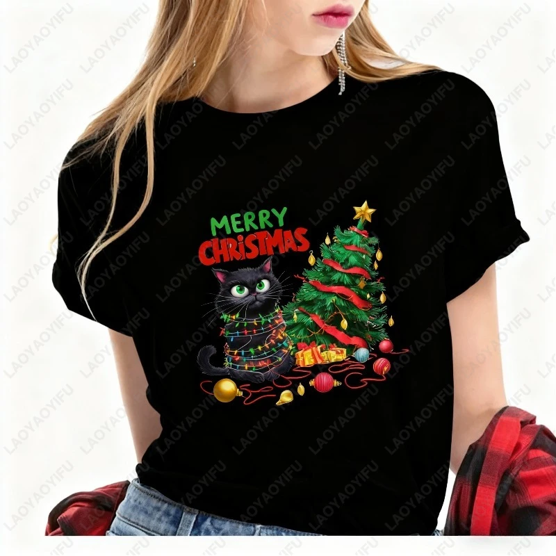 مضحك عيد الميلاد القط قميص القط الأسود المشاغب مع أضواء عيد الميلاد وشجرة لطيف عيد ميلاد سعيد المحملة لمحبي القطط وآباء الحيوانات الأليفة #2