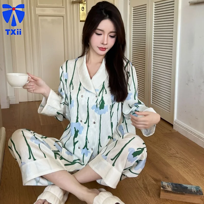 

[Full of spring] spring and autumn new herringbone pattern ice and snow silk long sleeve trousers pajamas cover