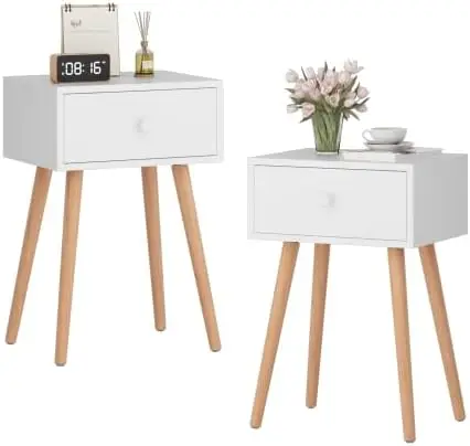 

Set of 2 Modern Wood Nightstand, Bedside Table with Drawer, Night Stand, End Table with Solid Wood Legs for Bedroom Home , White