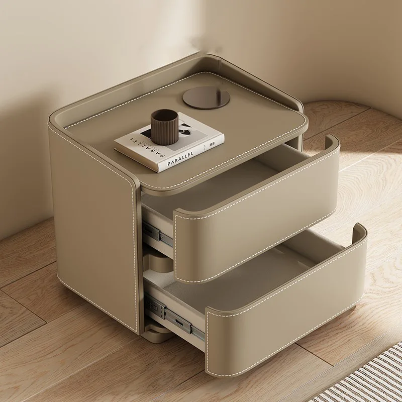 Creative cream wind rock slab saddle leather solid wood bedside table bedroom light luxury high-end storage