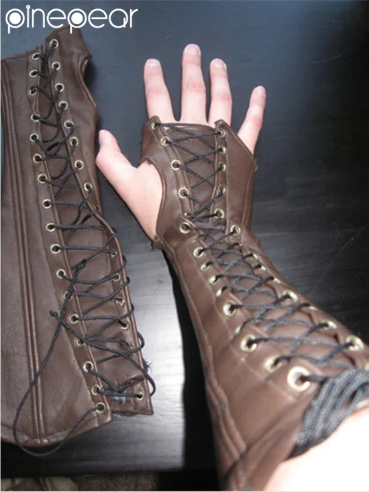 Accesorios de Cosplay Medieval para Hombre, Armadura de Cuero PU, Calentador de Brazos con Cordones, Guantelete Vikingo Pirata Caballero, Brazalete Steampunk