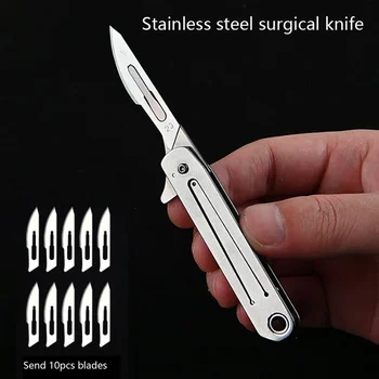 Couteau chirurgical médical en acier inoxydable, lame remplaçable de camping EDC, couteau chirurgical portable est livré avec 10 lames