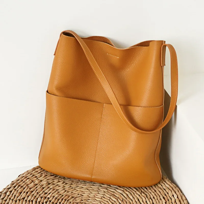 

ALA Rising|Soft Genuine Leather Bucket Tote Bag Large Capacity Office Lady Bags High Quality Unique Design Bags