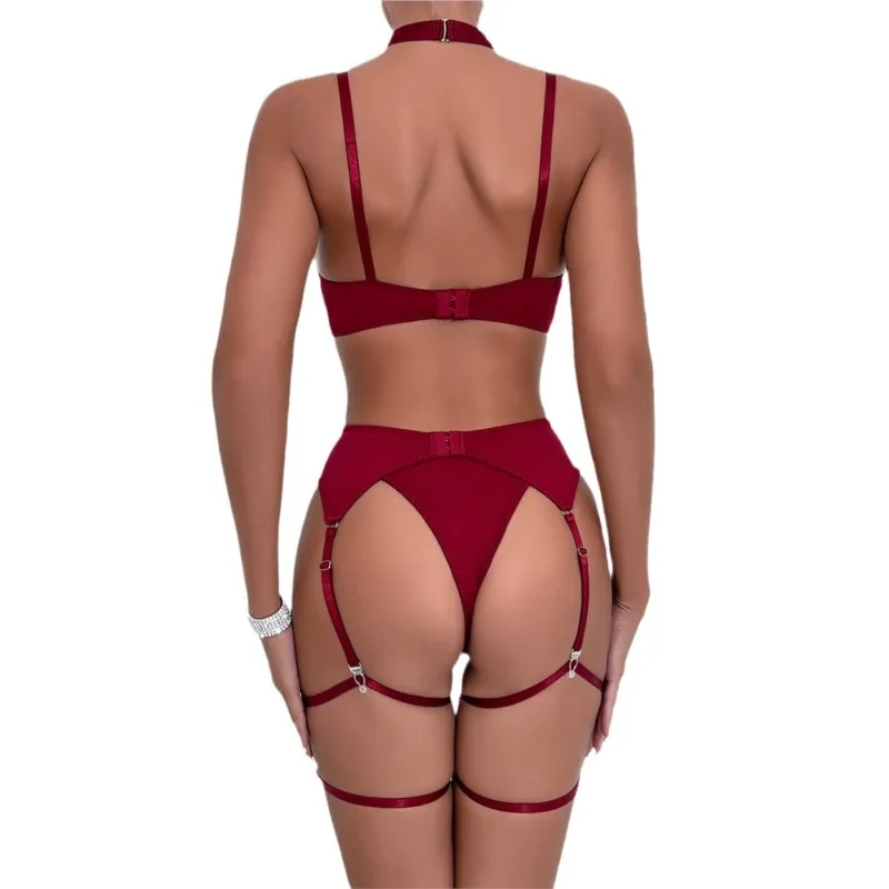 sex Bow bra red Temptation Bra Set sexy lingerie set Belt Hollowed Out Gathering Four Piece underwear women Set Erotic Sleepwear