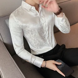 High Grade Flower Print Silky Shirts for Men Spring Long Sleeve Slim Fit Korean Blouse Men Party Stage Social  Mens Floral Shirt