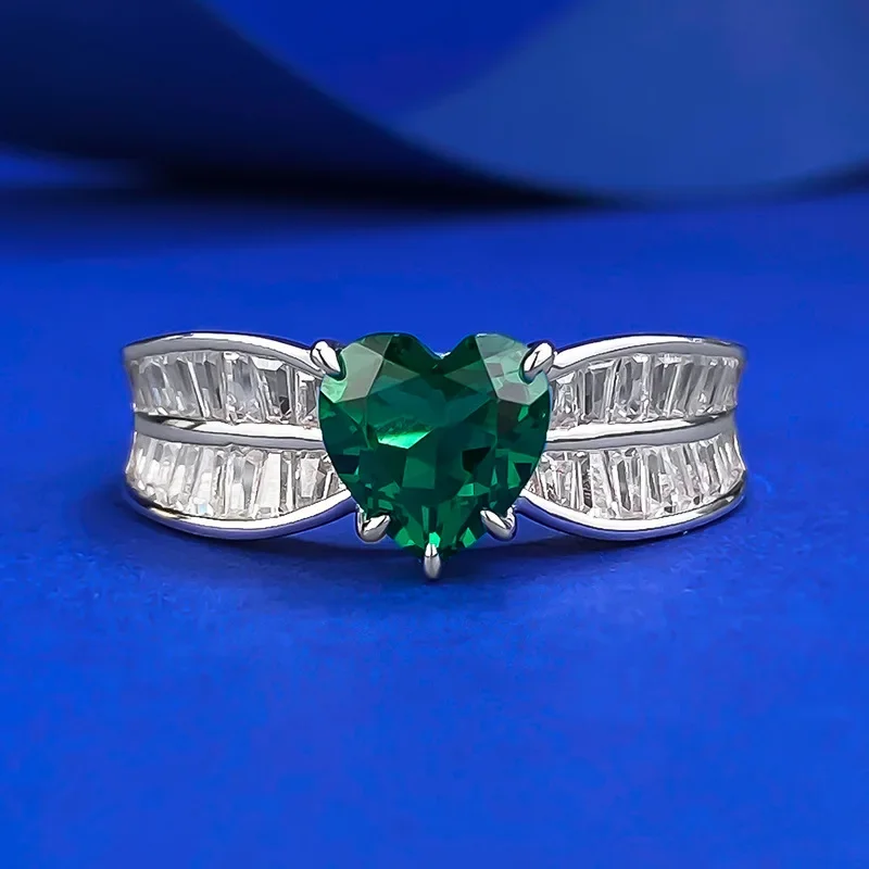 2024 new emerald heart shaped 7 * 7mm pure silver 925 ring full diamond vintage ring