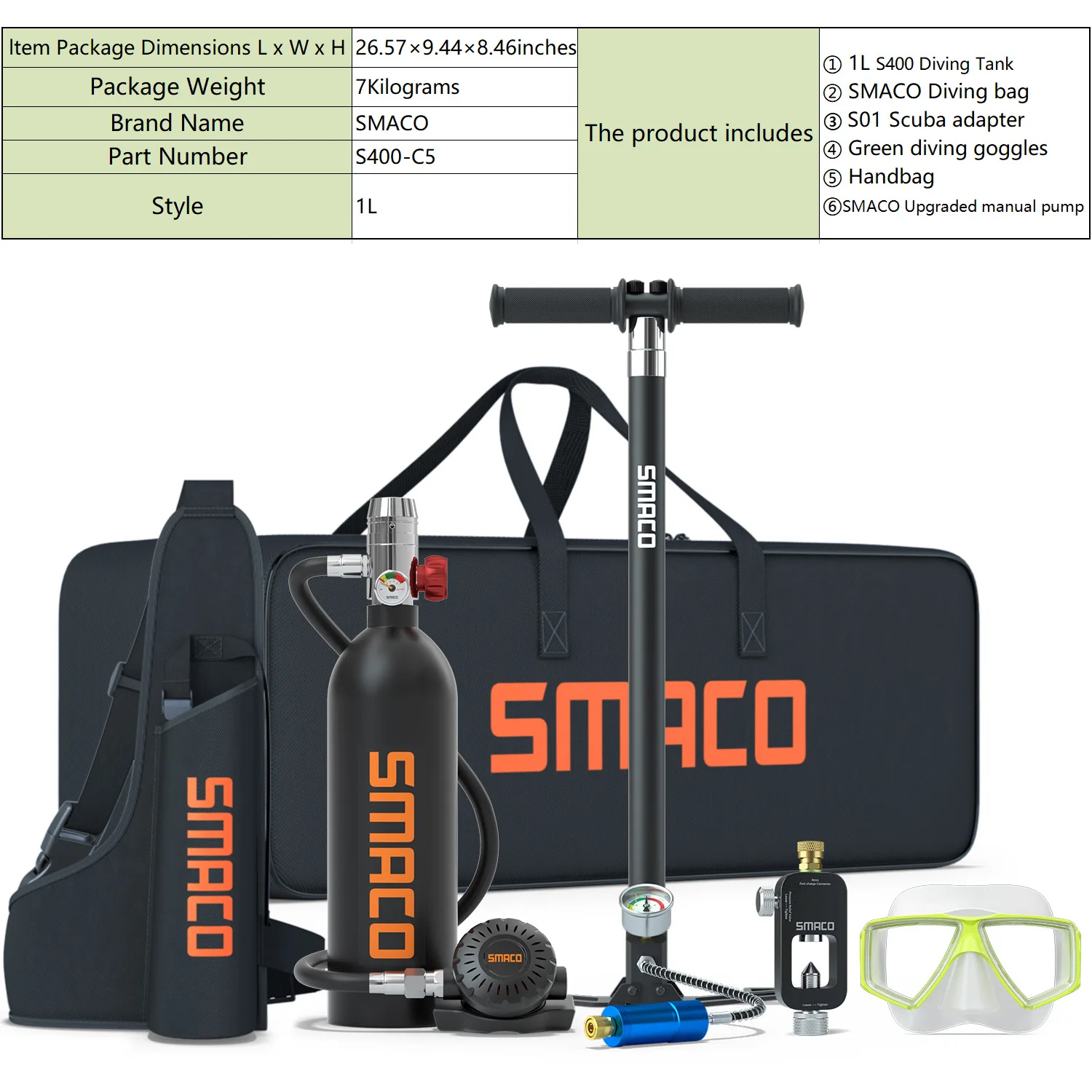 SMACO Mini Scuba Diving Tank Equipment,1L Oxygen Cylinder, Underwater Breathing, Professional Diving Equipment Christmas Gift