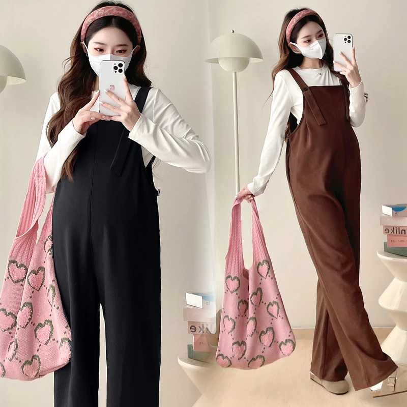 Autumn Winter Thick Heavyweight Jumpsuits Sweaters Sets for Maternity Y2k Youth Pregnancy Overalls Bib Pants Wide Leg Loose