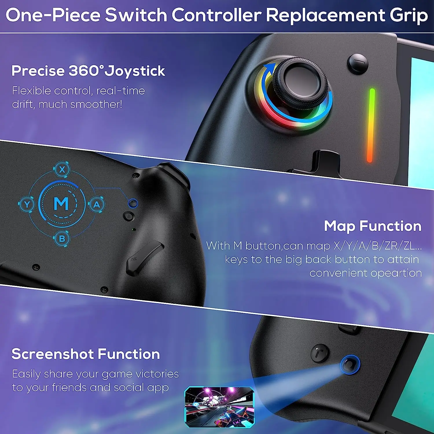 No Deadzone Enhanced  Controller for Switch/Switch OLED, Adjustable LED Light, Ergonomic Design, 6-Axis Gyro