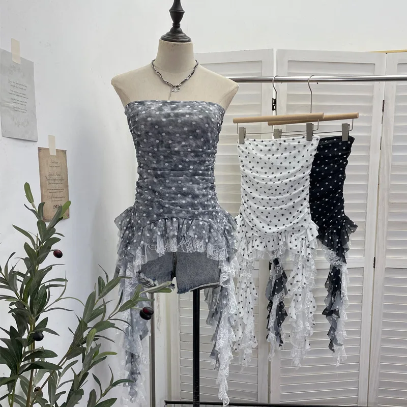 Women‘s Summer Top Polka Dot Printed Mesh Bandeau Tank Top Irregular Patchwork Lace Streamer Frill Hem Sleeveless SexyTop7231