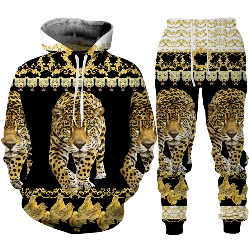 3D Print Hoodie e calças para homens e mulheres, conjunto Sportswear, agasalho, roupas de corrida, roupas, leopardo, padrão dourado, moda